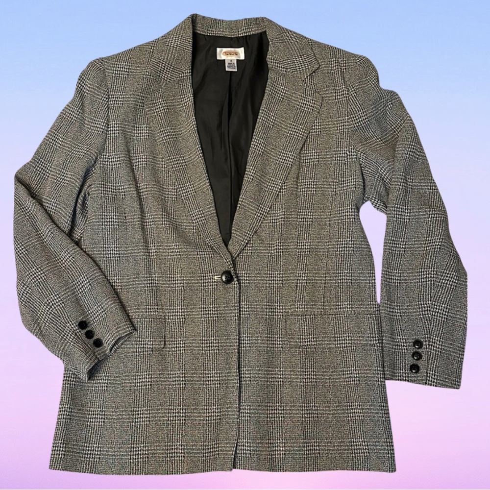 Talbots Blazer Black and Gray White Plaid Size 14
